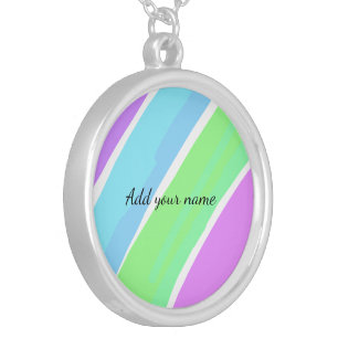 Pink blue green stripes add name text message here silver plated necklace