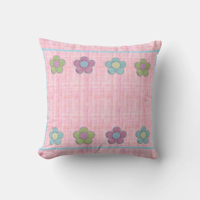 Pink Blue Green Textured Flowers Throw Pillow (Front)