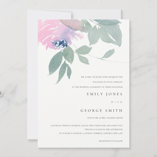 PINK BLUE GREEN WATERCOLOR FLORAL WEDDING INVITE (Front)