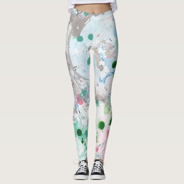 Pink Blue Green White Modern Elegant Abstract Art Leggings (Front)