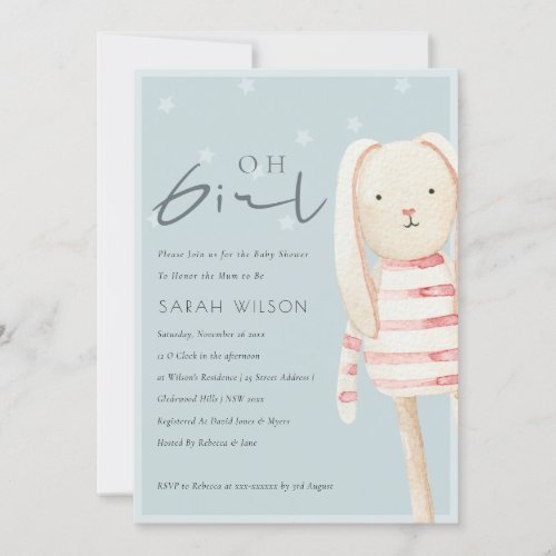 Pink Blue Grey Bunny Oh Girl Baby Shower Invite