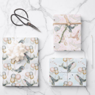 Pink Blue Grey Whale Balloon Birthday Baby Shower Wrapping Paper Sheets