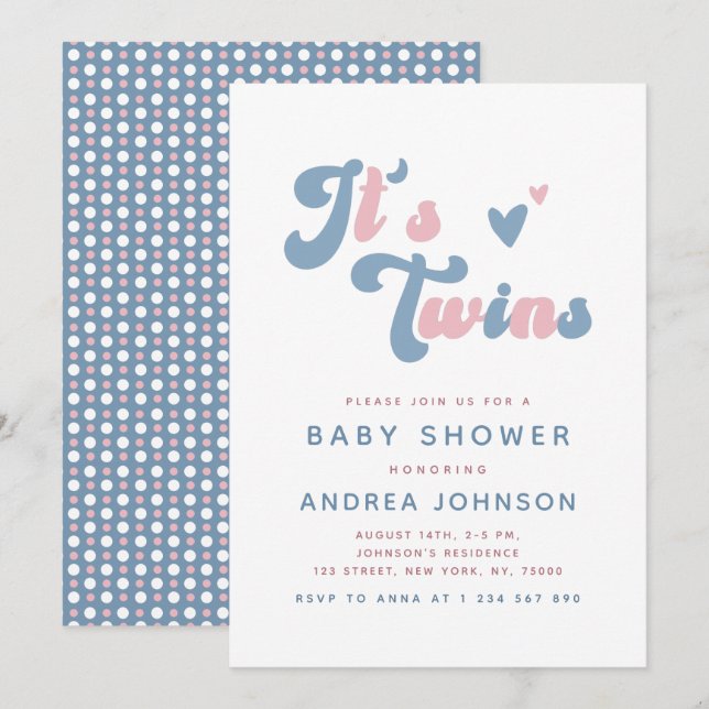 Pink & Blue Groovy Retro Twins Dotted Baby Shower Invitation (Front/Back)