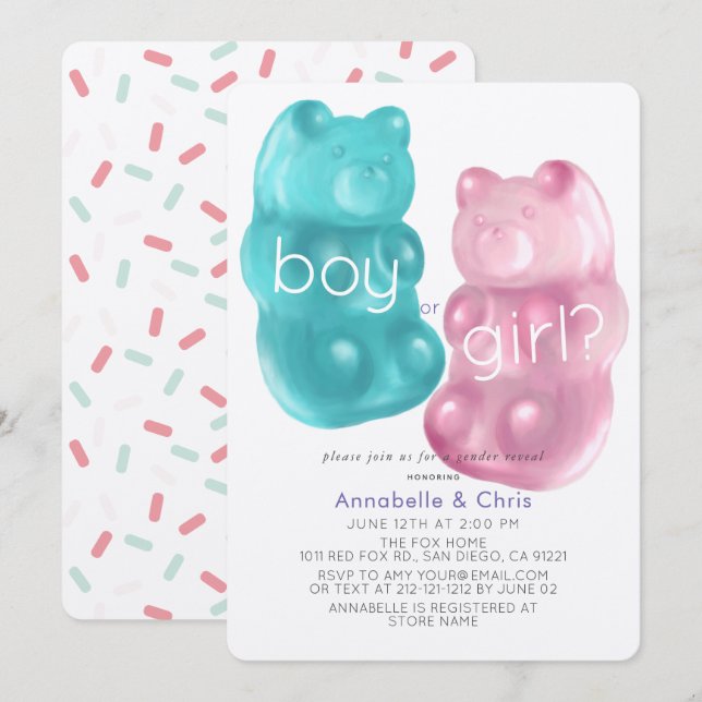 Pink & Blue Gummy Bear Sprinkles Gender Reveal Invitation (Front/Back)