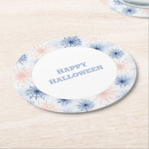Pink Blue Halloween Spider Webs Round Paper Coaster