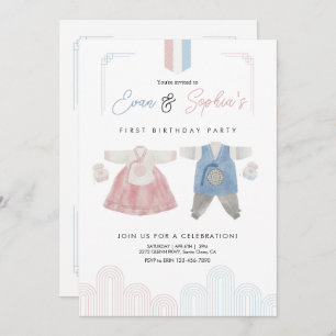 Pink Blue Hanbok Korean Doljanchi First Birthday Invitation