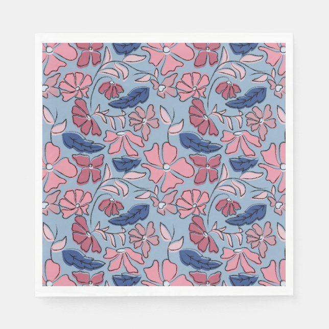 Pink Blue Hand Drawn Floral Block Print Napkins (Front)