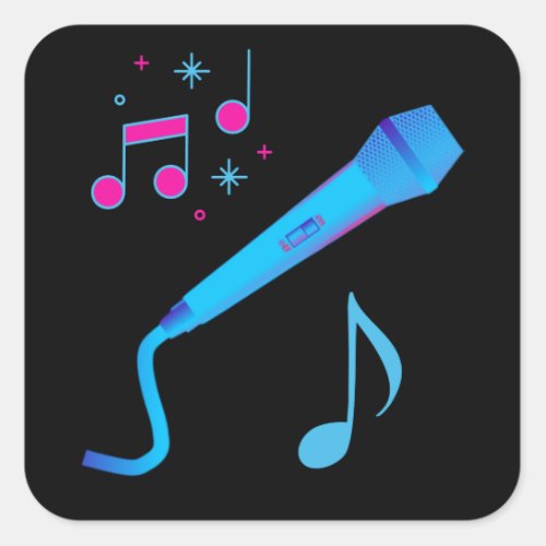 Pink blue hand drawn microphone musical notes square sticker