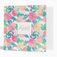 Cute Girly Pastel Floral Name Monogram 3 Ring Binder