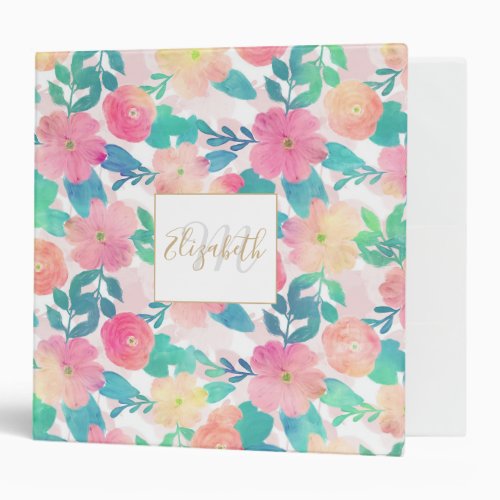 Pink Blue Hand Paint Floral Girly Design 3 Ring Binder