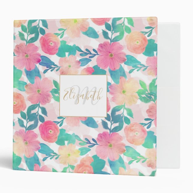 Pink Blue Hand Paint Floral Girly Design 3 Ring Binder (Front/Inside)