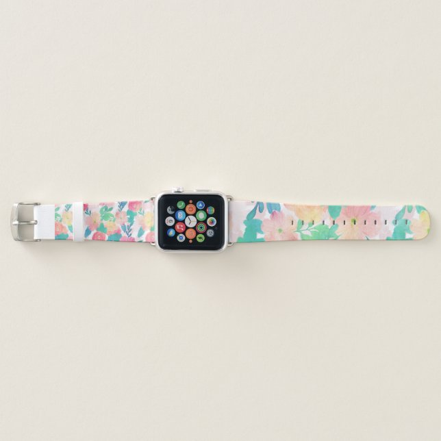 Pink Blue Hand Paint Floral Girly Design Apple Watch Band (Front)