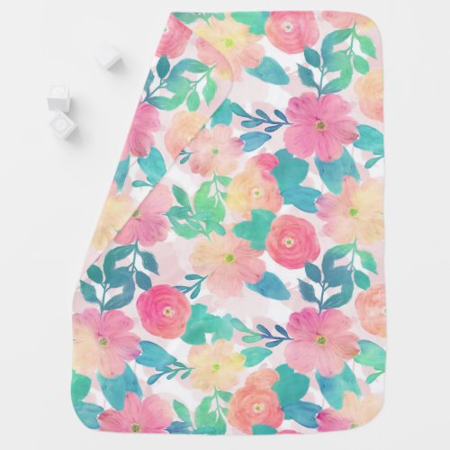 Pink Blue Hand Paint Floral Girly Design Baby Blanket