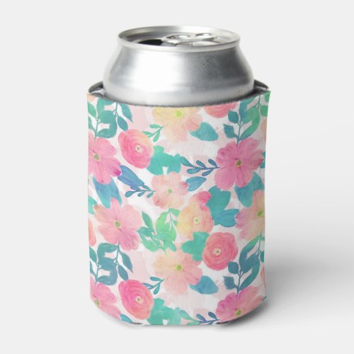 Pink Blue Hand Paint Floral Girly Design Can Cooler