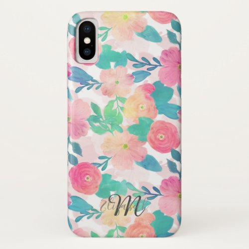 Pink Blue Hand Paint Floral Girly Design iPhone X Case