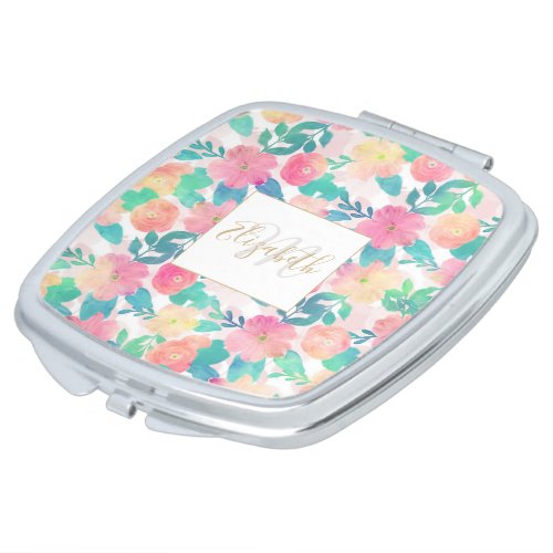 Pink Blue Hand Paint Floral Girly Design Compact Mirror