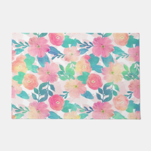 Pink Blue Hand Paint Floral Girly Design Doormat