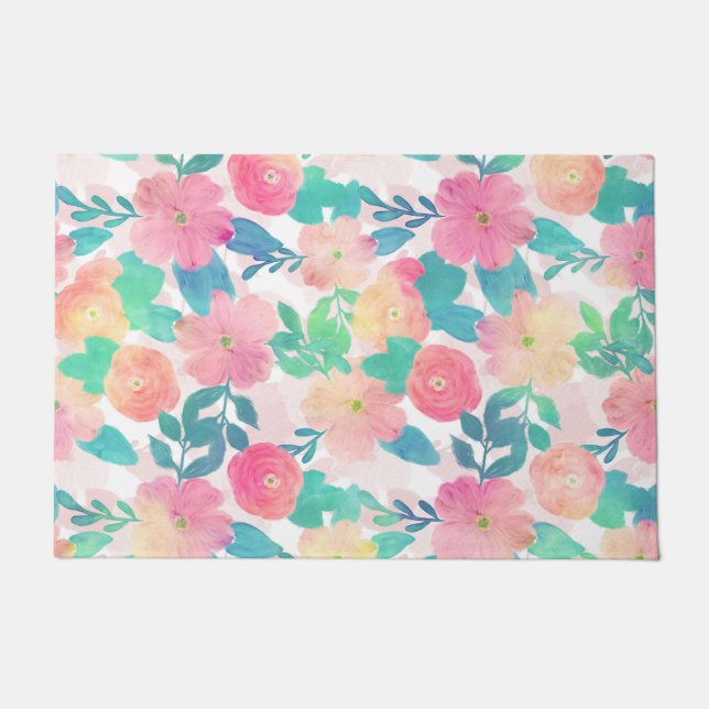 Pink Blue Hand Paint Floral Girly Design Doormat (Front)
