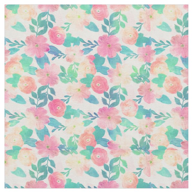 Pink Blue Hand Paint Floral Girly Design Fabric (Close Up)