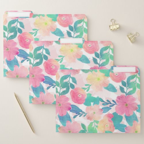 Pink Blue Hand Paint Floral Girly Design File Folder