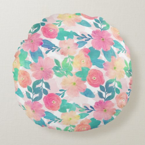 Pink Blue Hand Paint Floral Girly Design Round Pillow