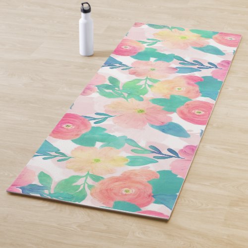 Pink Blue Hand Paint Floral Girly Design Yoga Mat