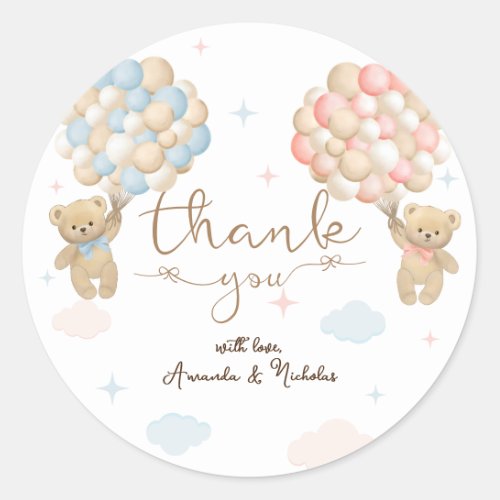 Pink blue he or she bear balloons gender reveal classic round sticker