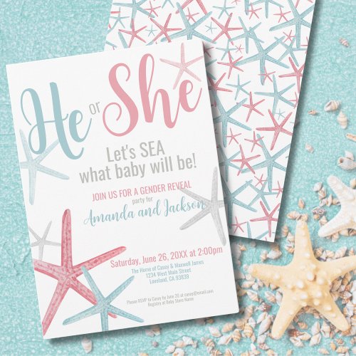 Pink Blue He She Summer Beach Gender Reveal Party Invitation
