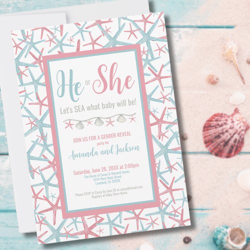 Pink Blue He She Summer Gender Reveal Party Invitation