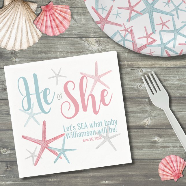 Pink Blue He She Summer Gender Reveal Party Napkins (Cute Pink Blue He She Summer Gender Reveal Party Napkins)