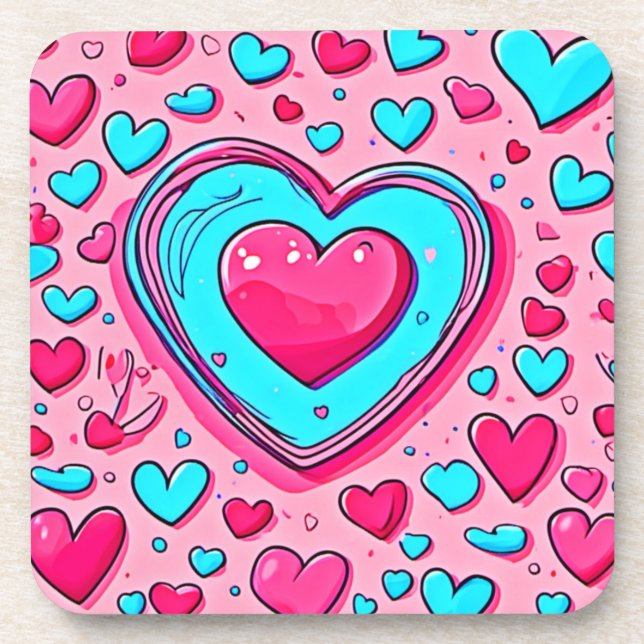 Pink Blue Heart Pattern Beverage Coaster (Front)