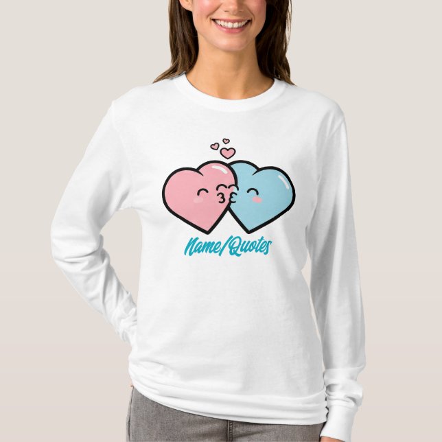 Pink & Blue Hearts Kiss T-Shirt (Front)
