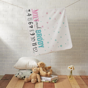 Pink Blue Hearts Month Milestone Twins Baby Blanket