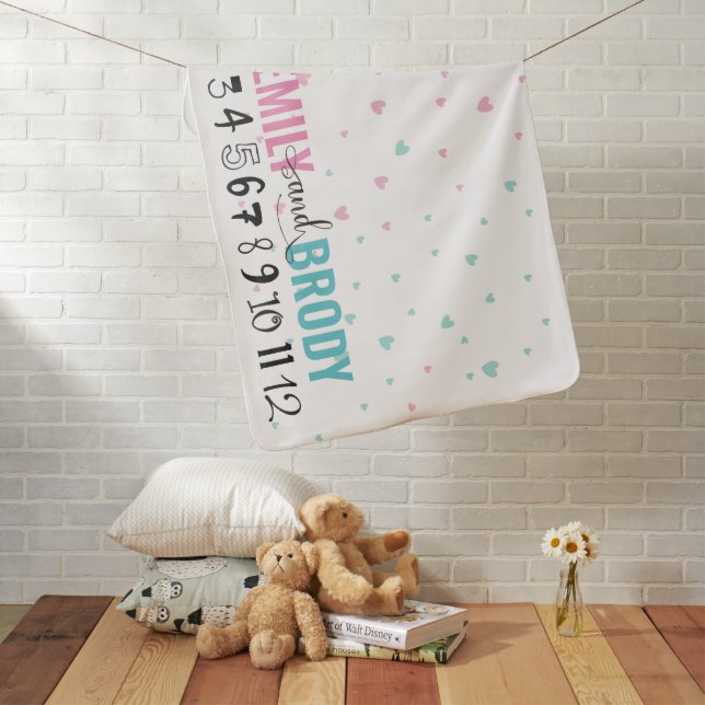 Pink Blue Hearts Month Milestone Twins Baby Blanket (In Situ)