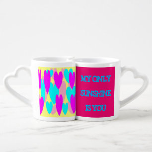 Pink blue hearts my sunshine is you poem coffee mug set