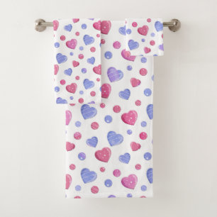 Pink, blue hearts on a white background. bath towel set
