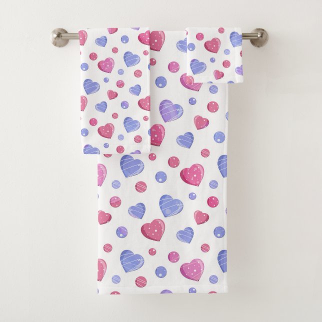 Pink, blue hearts on a white background. bath towel set (Insitu)