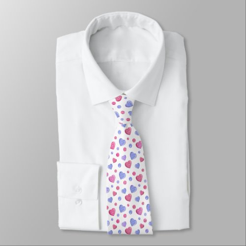 Pink blue hearts on a white background neck tie