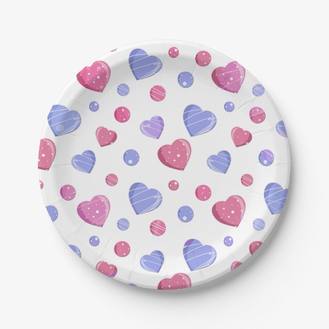 Pink, blue hearts on a white background. paper plates (Front)