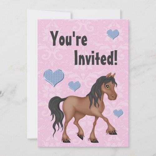 Pink &amp; Blue Horse &amp; Hearts Damask Birthday Invite