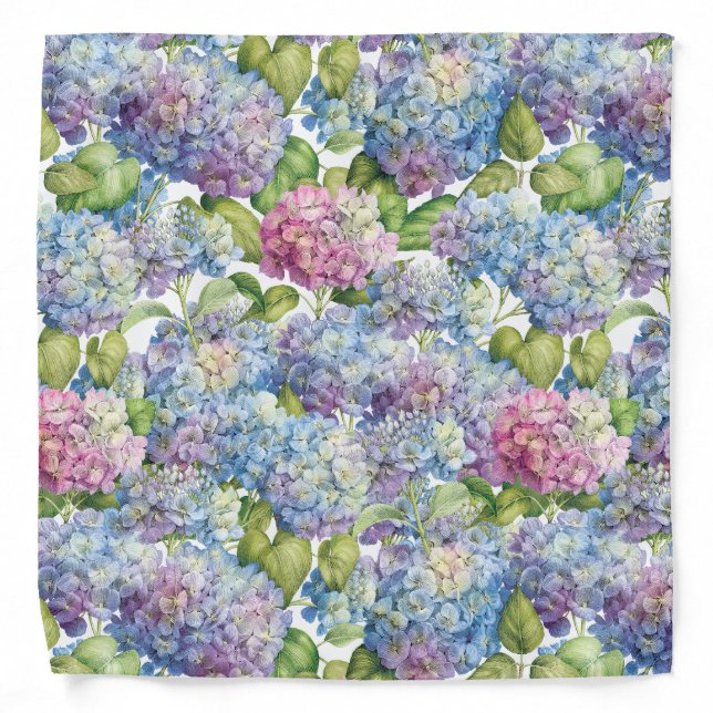 Pink Blue Hydrangea in Bloom Floral Pattern Bandana (Front)