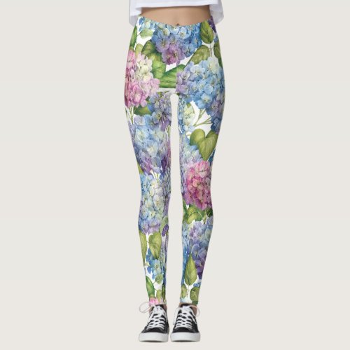 Pink Blue Hydrangea in Bloom Floral Pattern Leggings