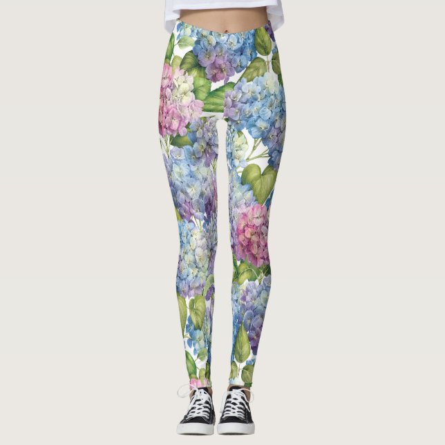 Pink Blue Hydrangea in Bloom Floral Pattern Leggings (Front)