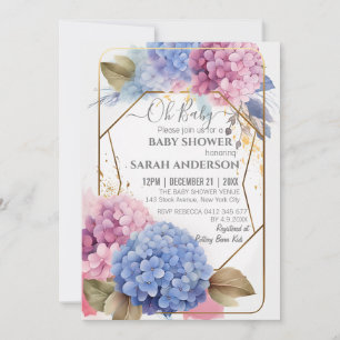 Pink Blue Hydrangea Watercolor Baby Shower Frame Invitation