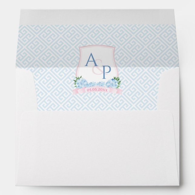 Pink Blue Hydrangea Wedding Crest Return Address Envelope (Back (Bottom))