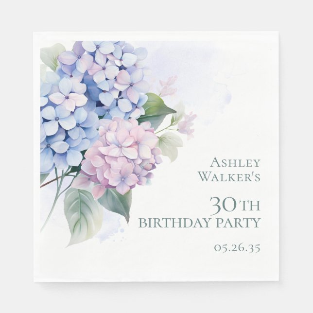 Pink Blue Hydrangeas 30th Birthday Party Napkins (Front)