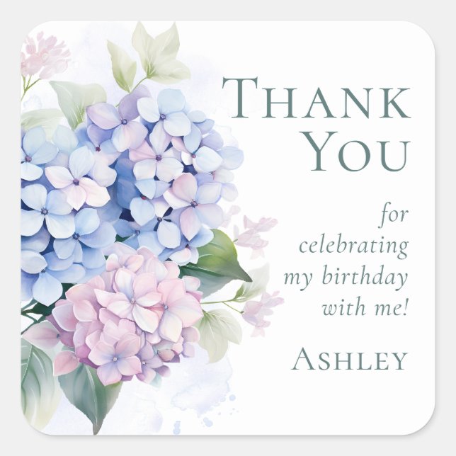 Pink Blue Hydrangeas 30th Birthday Party Thank You Square Sticker (Front)