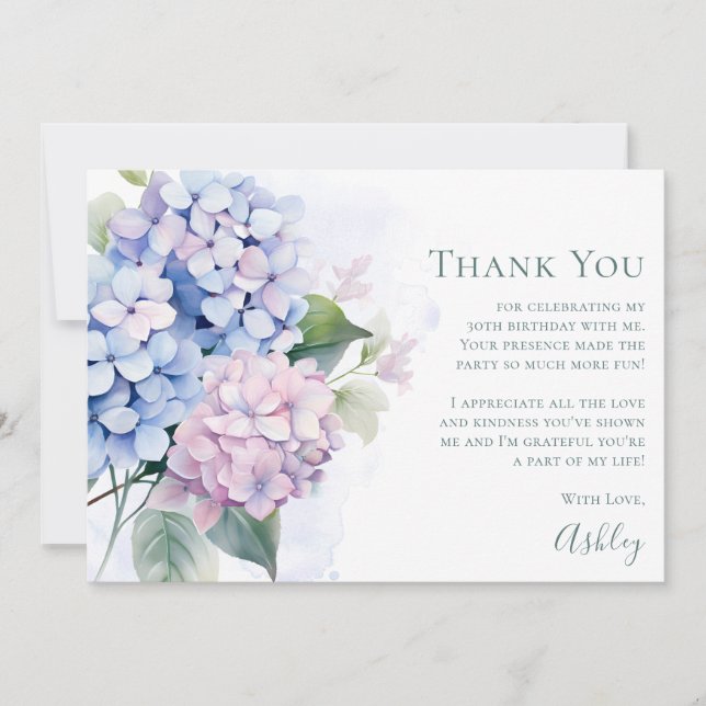 Pink Blue Hydrangeas 30th Birthday  Thank You Card (Front)