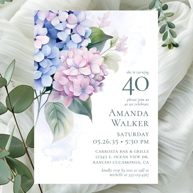 Pink Blue Hydrangeas 40th Birthday Party Invitation (Creator Uploaded)