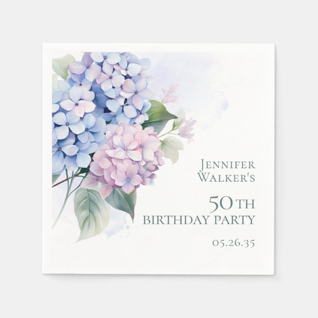 Pink Blue Hydrangeas 50th Birthday Party Napkins (Front)